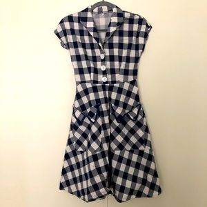 Gingham Plaid Dress Buttons Front Pockets Small